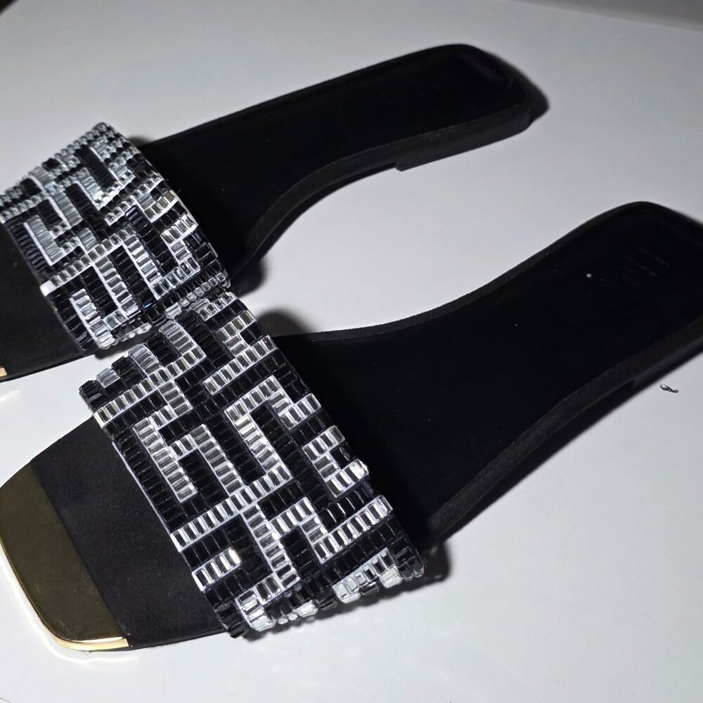 INC - 8M International Concepts Beaded Slide Sandals Black Silver Gold Toe Plate - Picture 4 of 7
